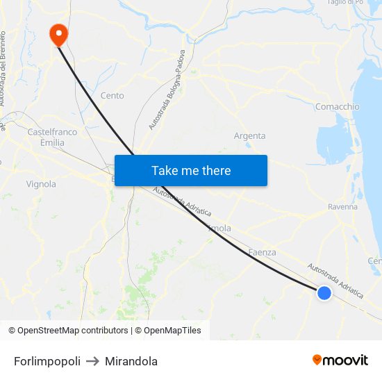 Forlimpopoli to Mirandola map