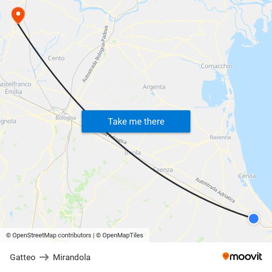 Gatteo to Mirandola map