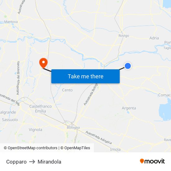 Copparo to Mirandola map