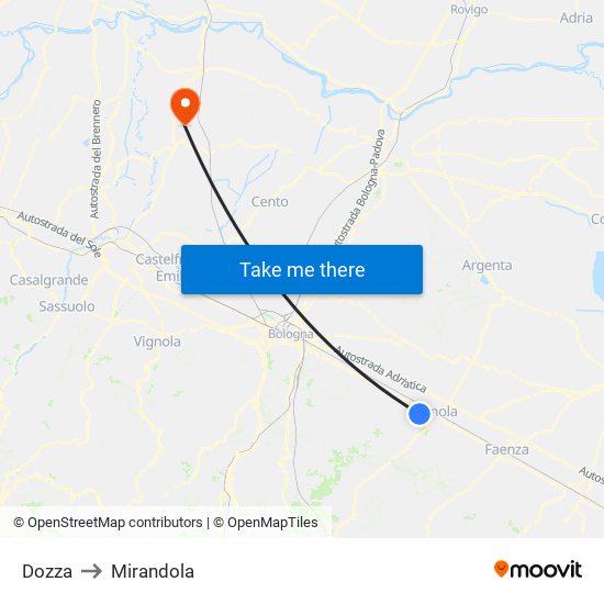 Dozza to Mirandola map