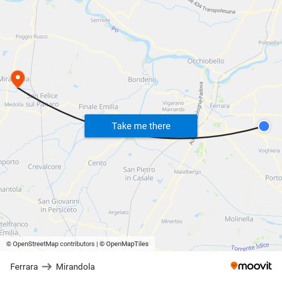 Ferrara to Mirandola map