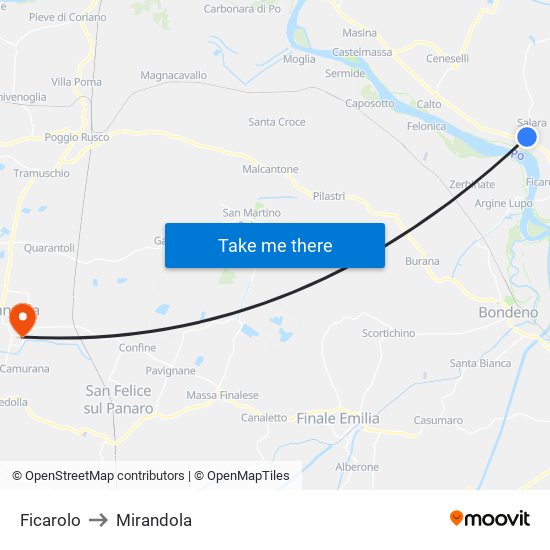 Ficarolo to Mirandola map