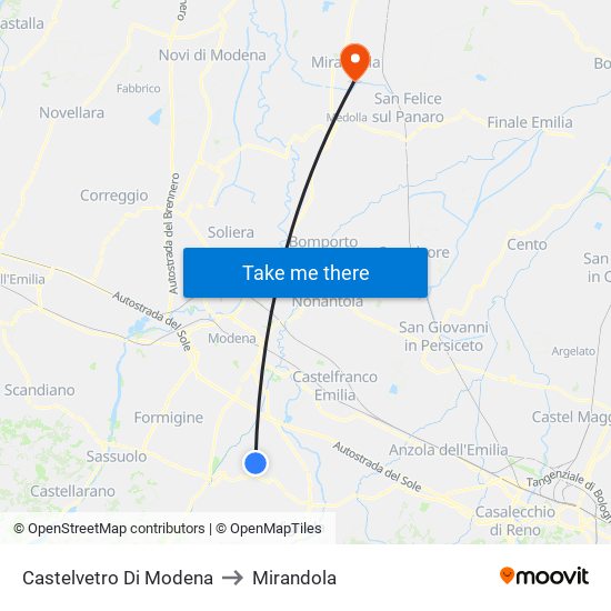 Castelvetro Di Modena to Mirandola map