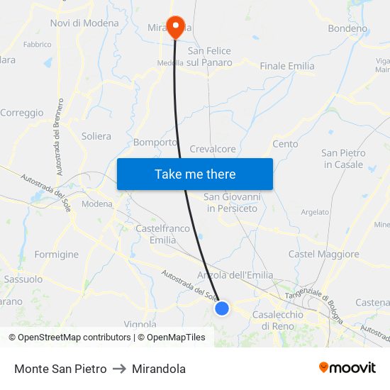 Monte San Pietro to Mirandola map