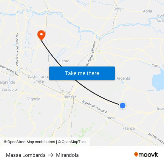 Massa Lombarda to Mirandola map