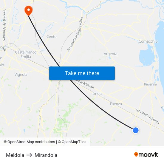 Meldola to Mirandola map