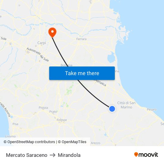 Mercato Saraceno to Mirandola map