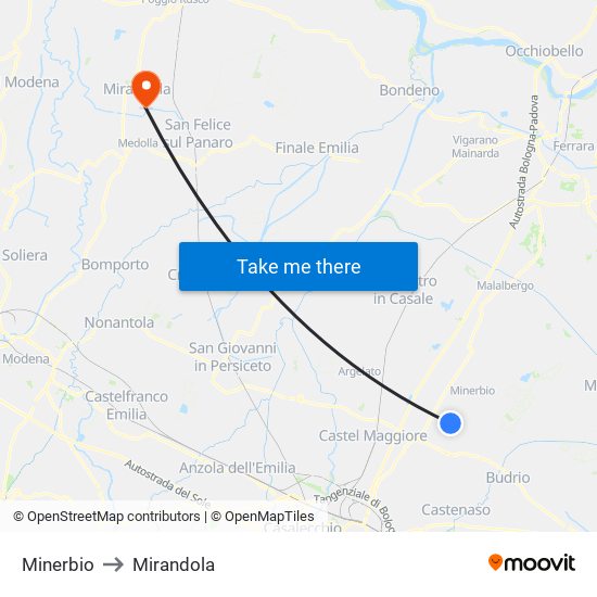 Minerbio to Mirandola map