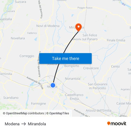 Modena to Mirandola map