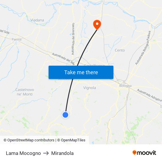 Lama Mocogno to Mirandola map