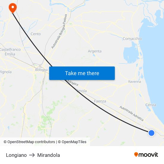 Longiano to Mirandola map