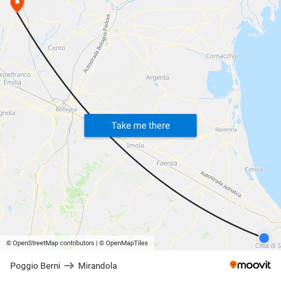 Poggio Berni to Mirandola map