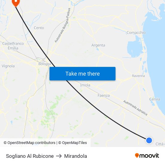 Sogliano Al Rubicone to Mirandola map
