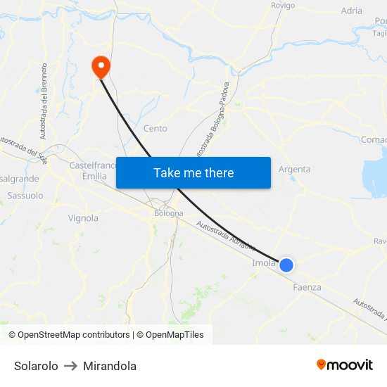 Solarolo to Mirandola map