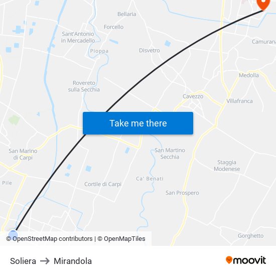 Soliera to Mirandola map