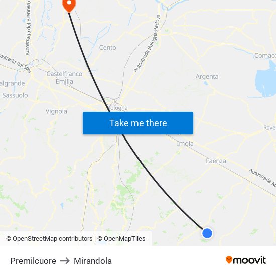 Premilcuore to Mirandola map