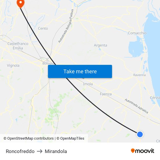 Roncofreddo to Mirandola map
