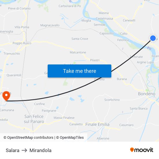 Salara to Mirandola map