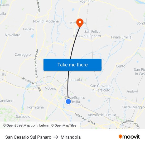 San Cesario Sul Panaro to Mirandola map