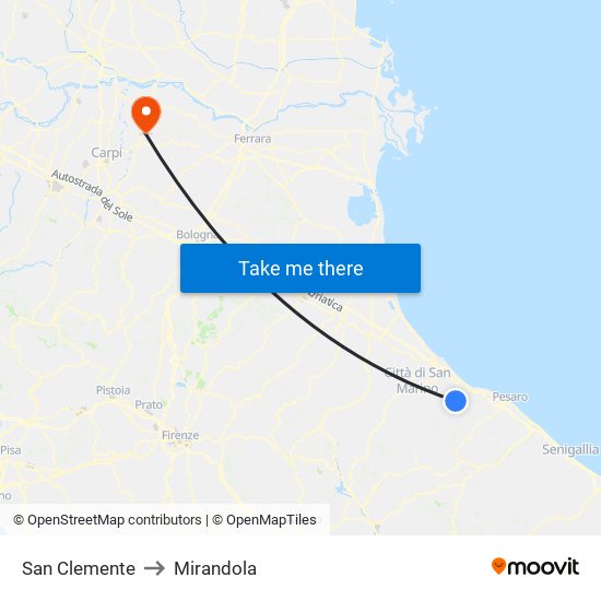 San Clemente to Mirandola map