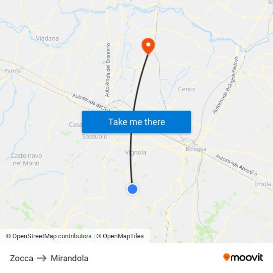 Zocca to Mirandola map