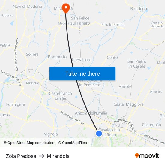 Zola Predosa to Mirandola map