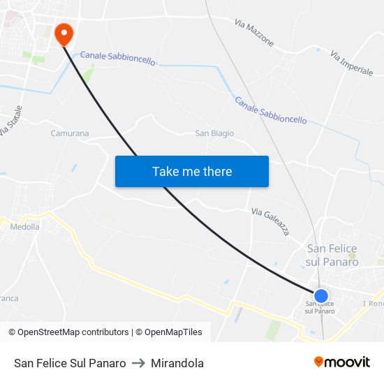 San Felice Sul Panaro to Mirandola map