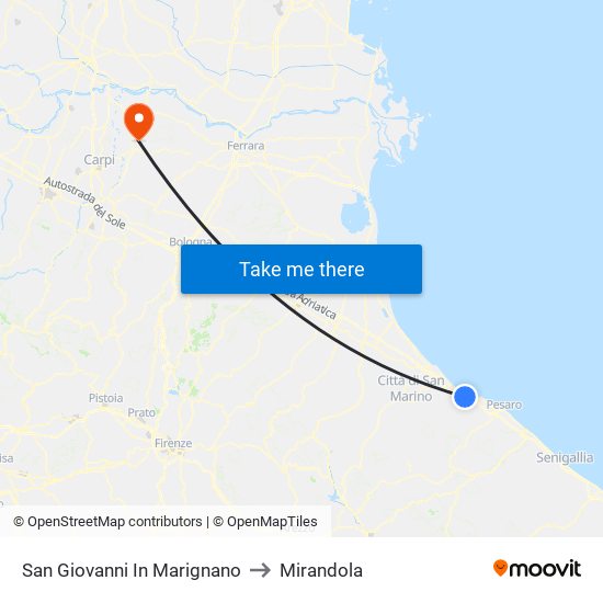 San Giovanni In Marignano to Mirandola map