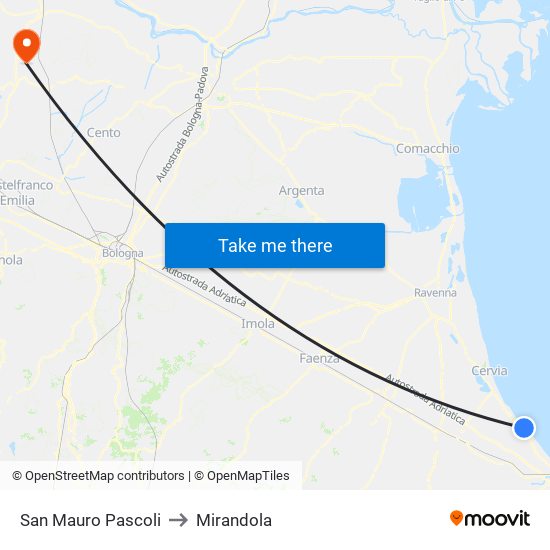 San Mauro Pascoli to Mirandola map