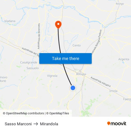 Sasso Marconi to Mirandola map