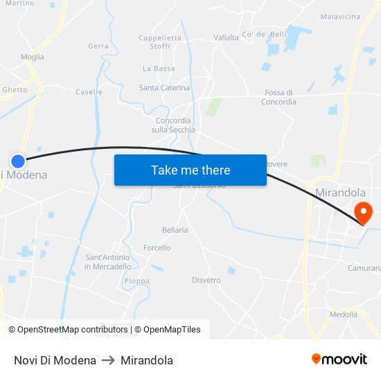 Novi Di Modena to Mirandola map