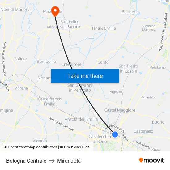 Bologna Centrale to Mirandola map