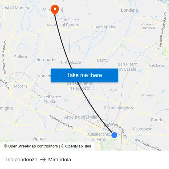 Indipendenza to Mirandola map