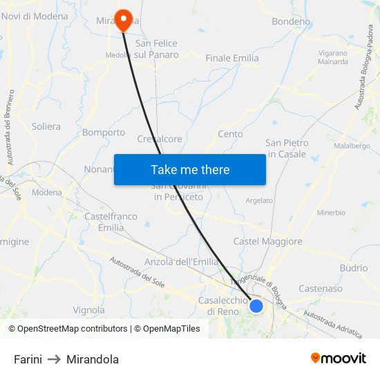 Farini to Mirandola map