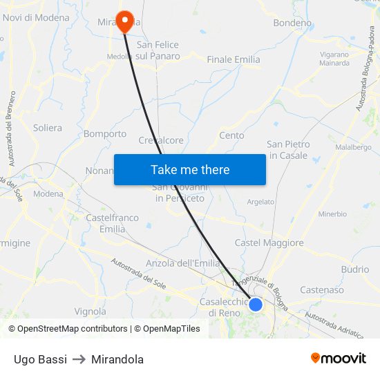 Ugo Bassi to Mirandola map