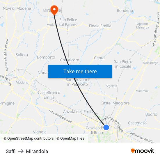 Saffi to Mirandola map