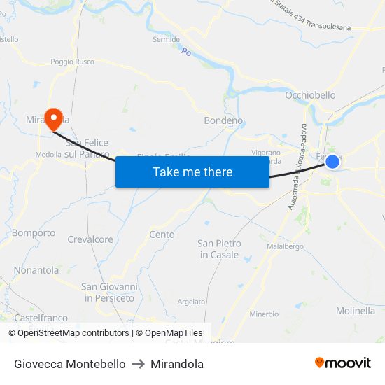 Giovecca Montebello to Mirandola map