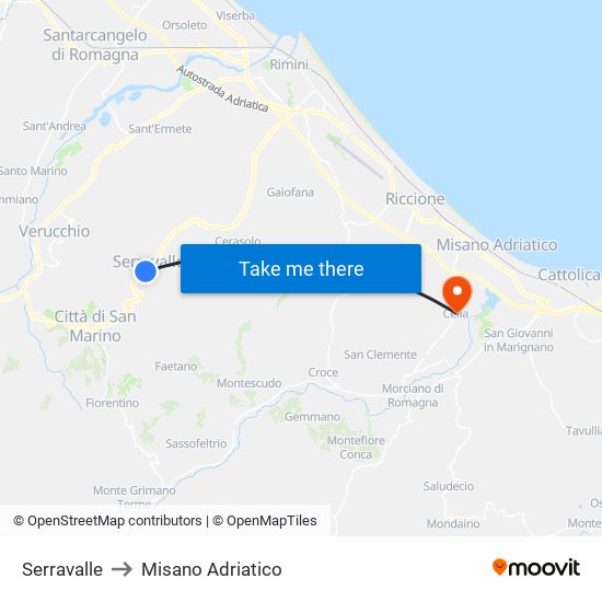 Serravalle to Misano Adriatico map