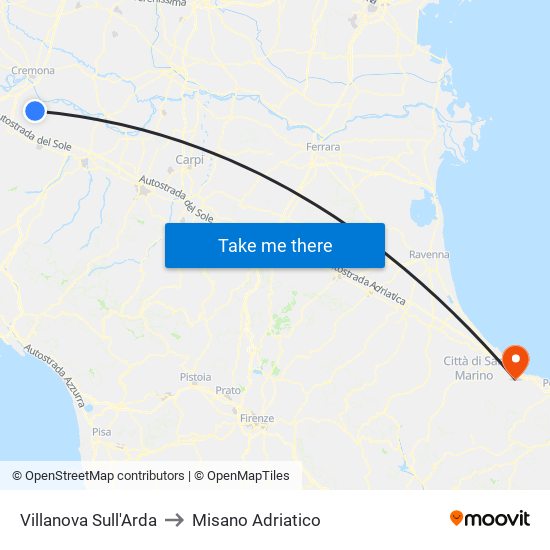Villanova Sull'Arda to Misano Adriatico map