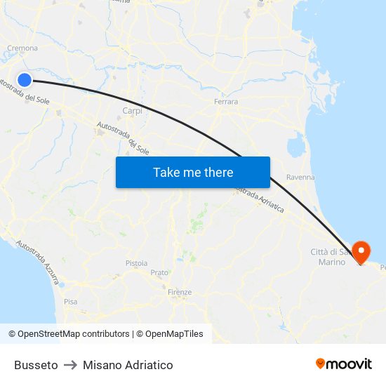 Busseto to Misano Adriatico map