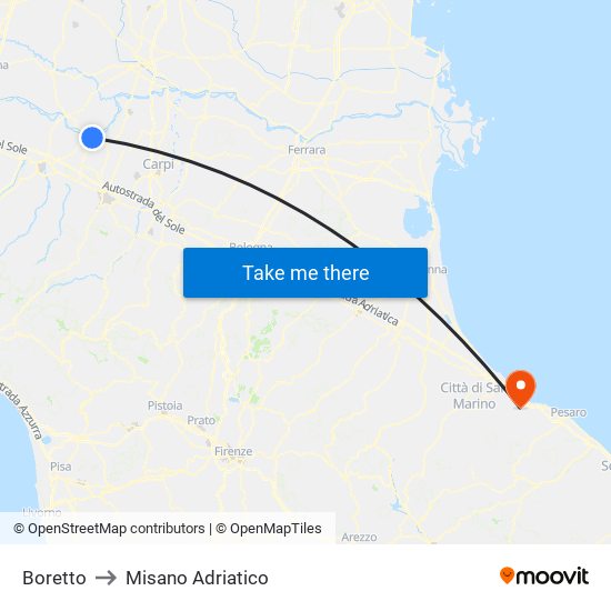 Boretto to Misano Adriatico map
