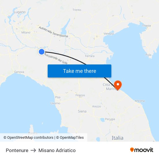 Pontenure to Misano Adriatico map