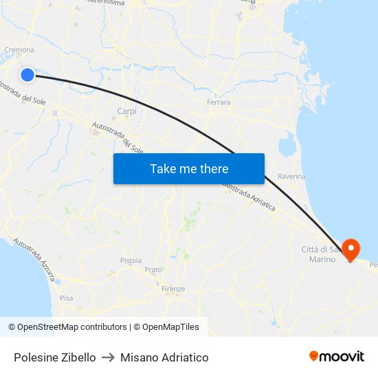 Polesine Zibello to Misano Adriatico map