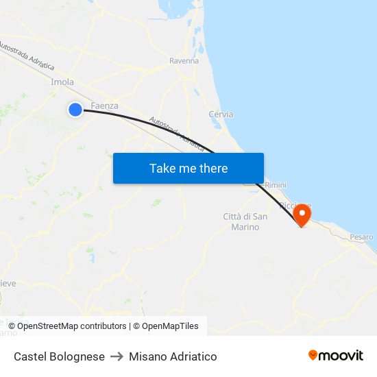 Castel Bolognese to Misano Adriatico map