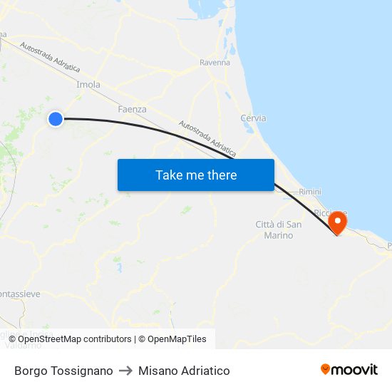 Borgo Tossignano to Misano Adriatico map