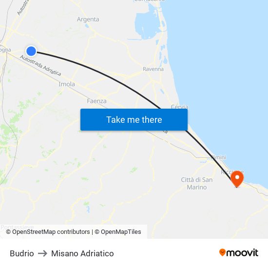 Budrio to Misano Adriatico map