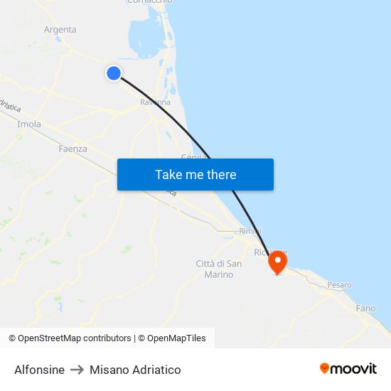Alfonsine to Misano Adriatico map