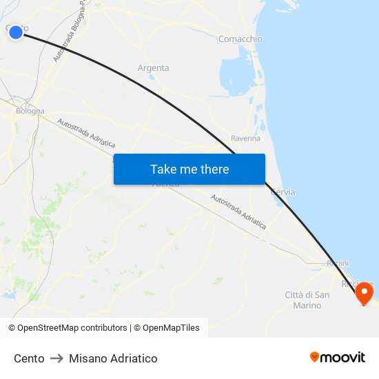 Cento to Misano Adriatico map