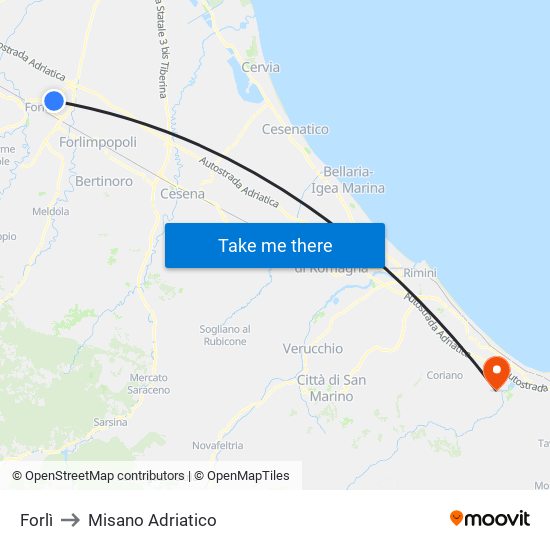 Forlì to Misano Adriatico map