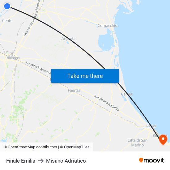 Finale Emilia to Misano Adriatico map